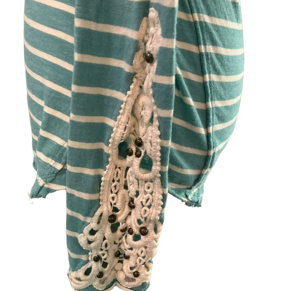 Free People Teal Striped Crochet Sleeve Cotton Long Sleeve Top Size Medium